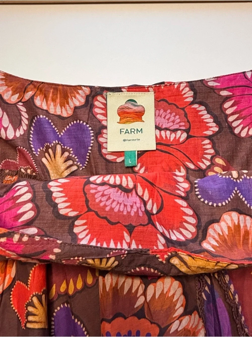 FARM Rio Bright Flora Brown Mini Skirt Size Large NWOT Boho Floral Ruffle